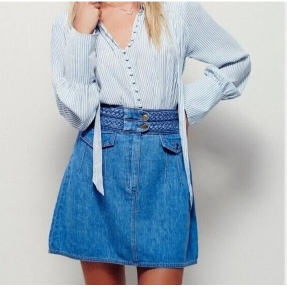 Free People Braided Baby Denim Mini Skirt Women's 8 Boho Chic Coastal Cowgirl